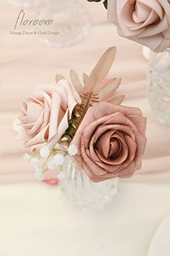 Artificial Flowers 25pcs Real Looking Morandi Peach Ombre Colors Foam Fake Roses with Stems for DIY Wedding Bouquets Bridal Shower Floral Centerpieces Party Tables Home Decorations (25 Count)