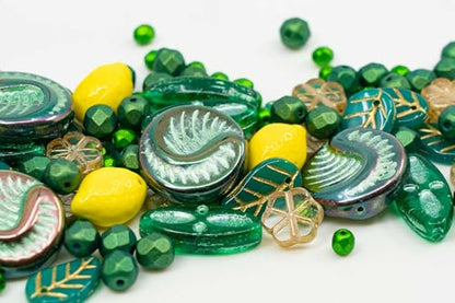 2.1oz (60g) of Focal Czech Glass Bead Mix with Lemon Shaped Beads, Seashel Beads and Leaf Beads, Emerald (2.1164 Ounce)