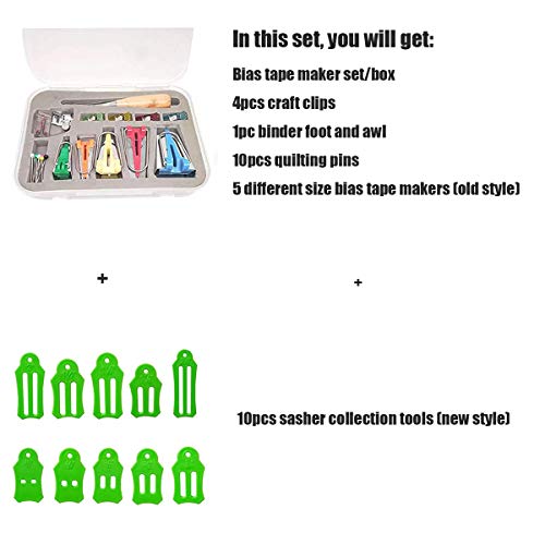 Bias Tape Maker Kits All 5 Sizes 6MM 9MM 12MM 18MM 25MM Binding Foot Craft Clips Awl Quilter's Pin Comes with 10pcs Multi (10 Count)