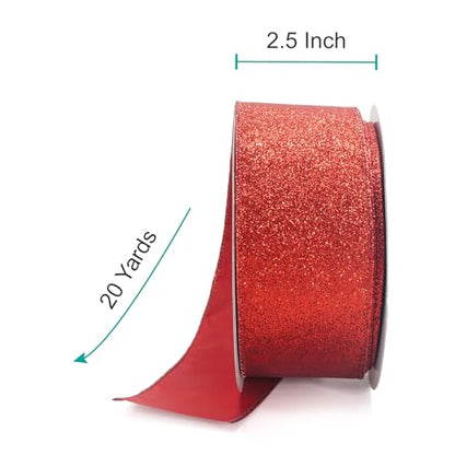 Glitter Wired Ribbon 2.5" x 20 Yards Red for Christmas Home Decor Bow Gift Wrapping DIY Crafts Wreath (60 Foot)