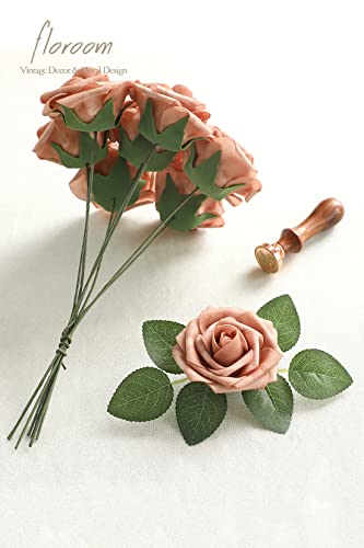 Artificial Flowers 25pcs Real Looking Warm Taupe Foam Fake Roses with Stems for DIY Wedding Bouquets Bridal Shower Centerpieces Floral Arrangements Party Tables Home Decorations (25 Count)