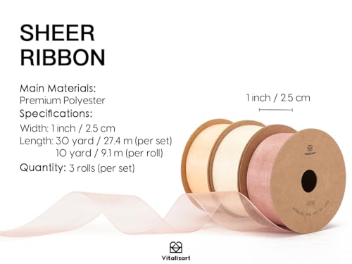 Cream & Rose Gold Organza Sheer Ribbon 1 inch x 30Yd Pink Ribbon Handmade Fabric Ribbons for Gift Wrapping Christmas Tree Crafts Bows Wedding Invitations Wreaths Wrap Peach (90 Foot)