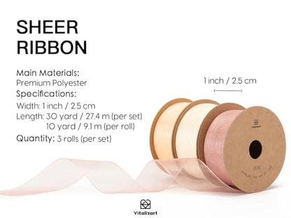 Cream & Rose Gold Organza Sheer Ribbon 1 inch x 30Yd Pink Ribbon Handmade Fabric Ribbons for Gift Wrapping Christmas Tree Crafts Bows Wedding Invitations Wreaths Wrap Peach (90 Foot)
