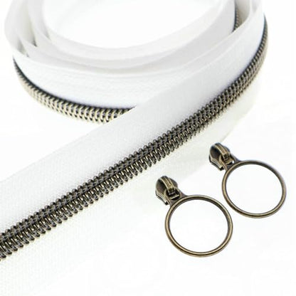 5 Antique Brass Metallic Nylon Coil Zippers by the Yard Bulk 10 Yards White Zipper Tape with 25pcs Antique Brass Ring Pull Sliders for DIY Sewing Tailor Craft Bag