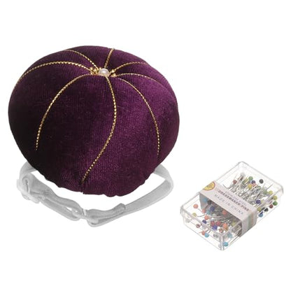 Wrist Pin Cushion Wristband Sewing Pincushion Polyester Pin Holder Wearable Pumpkin Shaped Needles Wristband with 100 Head Needles for Sewing Quilting DIY Crafts