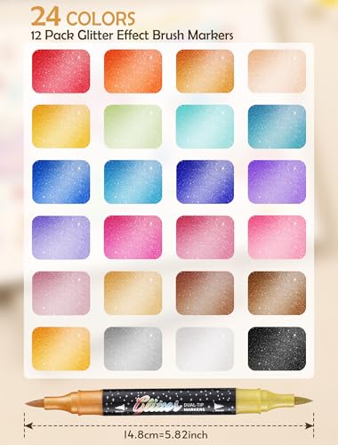24 Colors 12 Pack Glitter Markers Pens Sparkle Markers Dual Brush Tip (12 Count)