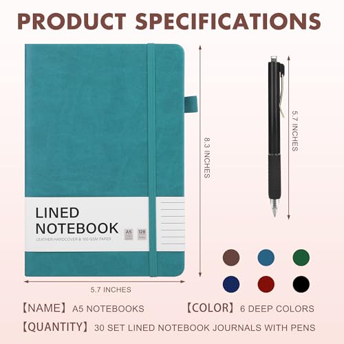 30 Set Lined Notebook Journals with Pens A5 Notebooks 100 GSM College Ruled Hardcover Notebook PU Leather Notepad with Pen Holder for Office School (60 Count)