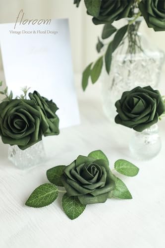 Artificial Flowers 25pcs Real Looking Forest Green Ombre Colors Foam Fake Roses with Stems for DIY Wedding Bouquets Bridal Shower Centerpieces Sage Green Floral Arrangements Decorations (25 Count)