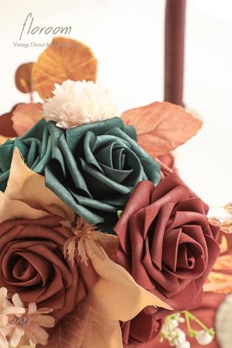 Artificial Flowers 25pcs Real Looking Teal Green Terracotta Ombre Colors Foam Fake Roses with Stems for DIY Wedding Bouquets Bridal Shower Centerpieces Floral Arrangements Tables Decoration (25 Count)