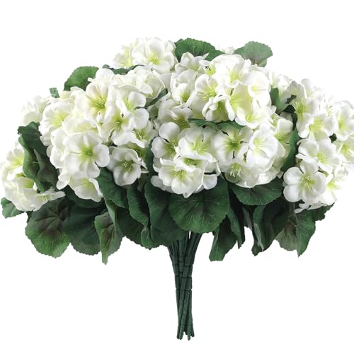 12 Pcs Artificial Geranium Flowers for Outdoors Geranium White Silk Flowers Outdoor UV Resistant Garden Plants Faux Flowers for Home Kitchen Table Centerpieces Decor