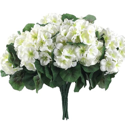 12 Pcs Artificial Geranium Flowers for Outdoors Geranium White Silk Flowers Outdoor UV Resistant Garden Plants Faux Flowers for Home Kitchen Table Centerpieces Decor