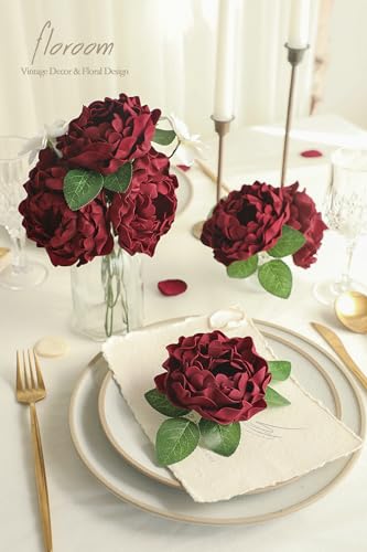 Artificial Flowers 16pcs 4" Burgundy Blooming Peonies Real Looking Foam Fake Peony with Stems for DIY Wedding Bouquets Dark Red Bridal Shower Centerpieces Floral Arrangements Tables Decoration (24 Count)