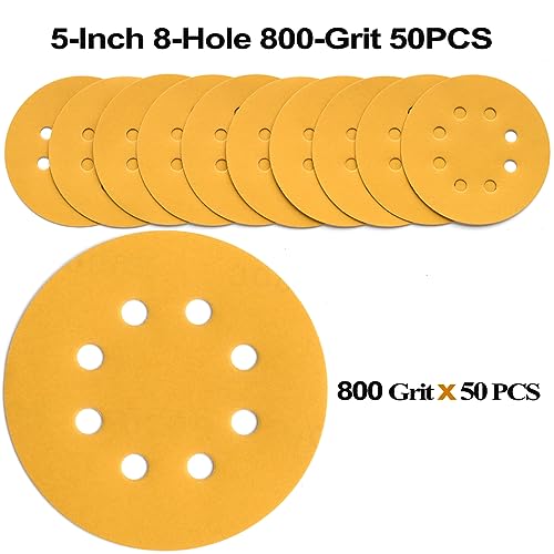5-Inch 8-Hole Hook and Loop Sanding Discs 800-Grit, 50-Pack (50 Count)