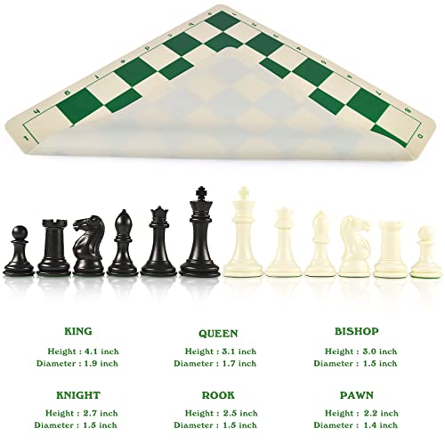 4" King Tournament Chess Set Foldable 20" Silicone Chess Board Mat with 2.2" Squares Green Color