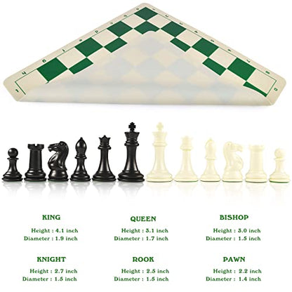 4" King Tournament Chess Set Foldable 20" Silicone Chess Board Mat with 2.2" Squares Green Color