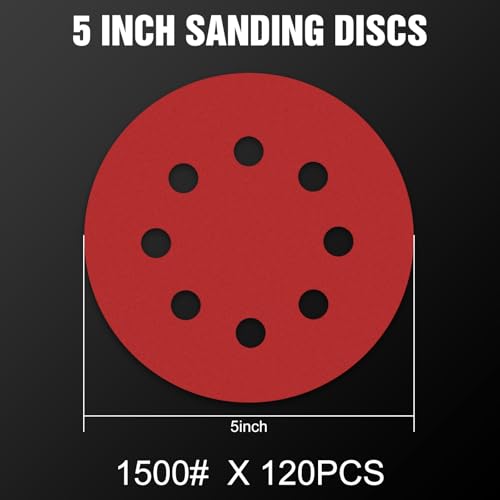 120 Pcs 5 inch Sanding Discs 1500 Grit 8 Hole Hook and Loop Round Sandpaper for Random Orbital Sander (120 Count)