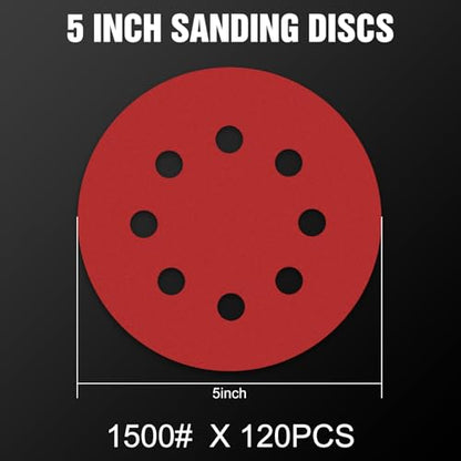 120 Pcs 5 inch Sanding Discs 1500 Grit 8 Hole Hook and Loop Round Sandpaper for Random Orbital Sander (120 Count)