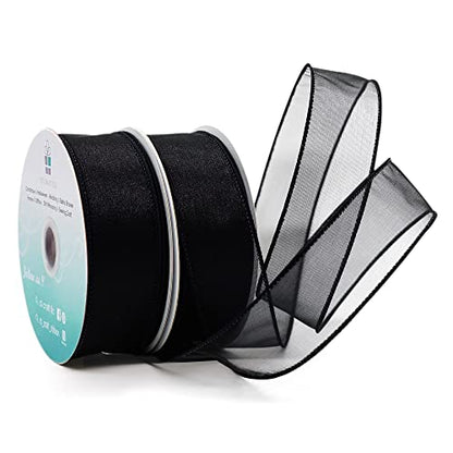 Sheer Organza Wired Ribbon 1.5" x 25 Yards x 2 Rolls Black for Wedding Chair Bow Flora Bouquet Gift Wrapping Christmas Tree Home Decor Wreath (150 Foot)