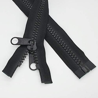 2PCS #10 60 Inch Heavy Duty Zippers for Sewing Separating Large Plastic Zippers Black Tape with Double Pull Tab Slider