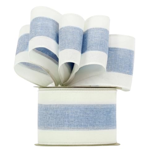 Blue and White Stripe Ribbon Wired 2.5 Inch Light Blue Burlap Ribbons with Ivory Stripe Edge Wreath Supplies (30 Foot)