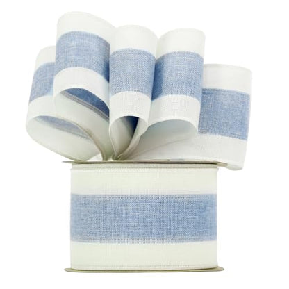 Blue and White Stripe Ribbon Wired 2.5 Inch Light Blue Burlap Ribbons with Ivory Stripe Edge Wreath Supplies (30 Foot)