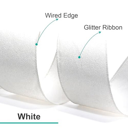 Glitter Wired Ribbon 2.5" x 10 Yards White for Christmas Home Decor Bow Gift Wrapping DIY Crafts Wreath (30 Foot)