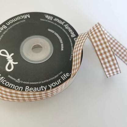 Khaki and White Woven Edge Plaid Ribbon 100% Polyester Gingham Ribbon 25 Yards Each Roll (75 Foot)