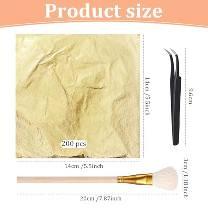 200 Pcs Gold Leaf Sheets for Art Foil Paper Leaf Art Foil Sheets Gilding Brush Thin Paper Craft for Painting Gilding Crafting Decoration