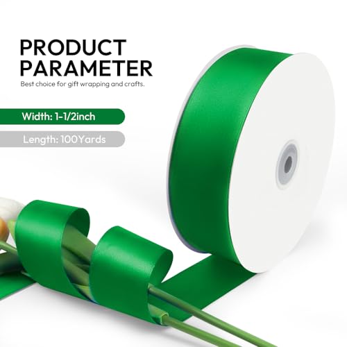1-1/2 Inch 100 Yards Satin Ribbon Green, Solid Color Fabric Ribbon for Gift Wrapping, Wedding, Polyester Gift Ribbon for Birthday Party Decoration, Craft, Hair, Floral, Sewing (300 Foot)