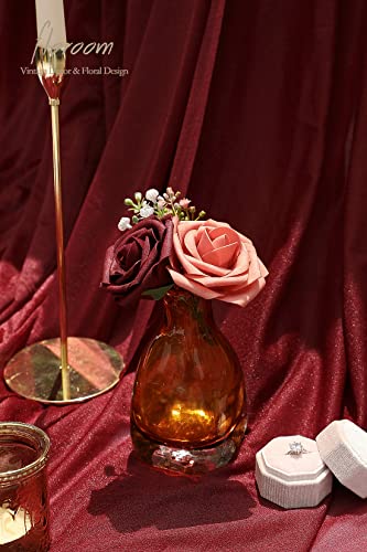 Artificial Flowers 25pcs Real Looking Burgundy & Pinky Cedar Foam Fake Roses with Stems for DIY Wedding Bouquets Bridal Shower Centerpieces Floral Arrangements Party Tables Home Decorations (25 count)