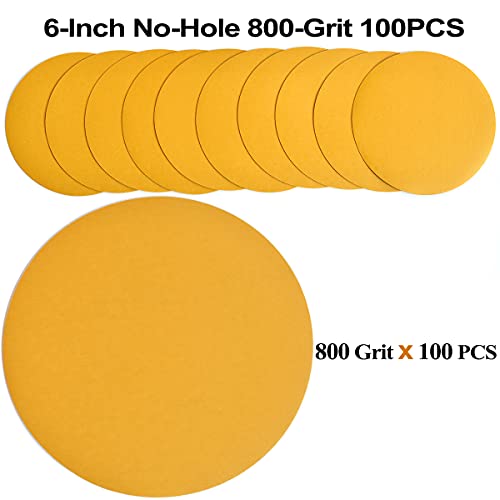 6-Inch No-Hole Hook and Loop Gold Sanding Discs 800-Grit, 100-Pack (100 Count)