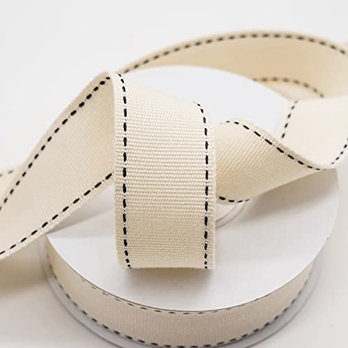 Ivory Cotton Black Stitched Ribbon 7 (30 Foot)