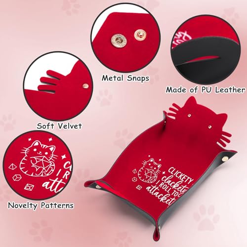 Red Cats Dice Tray Novelty Cat PU Leather Rolling Dice Tray Portable Dice Holder Cute Cat Desk Organizer Funny Gift for RPG
