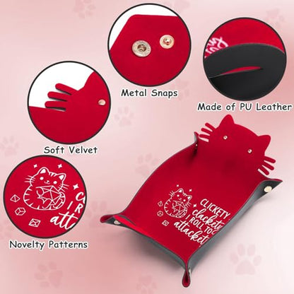 Red Cats Dice Tray Novelty Cat PU Leather Rolling Dice Tray Portable Dice Holder Cute Cat Desk Organizer Funny Gift for RPG
