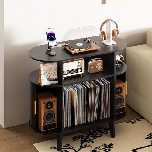 Large Round Record Player Stand with Charging Station & USB Ports