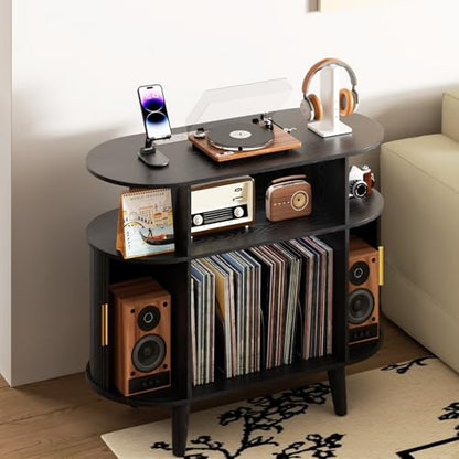 Large Round Record Player Stand with Charging Station & USB Ports