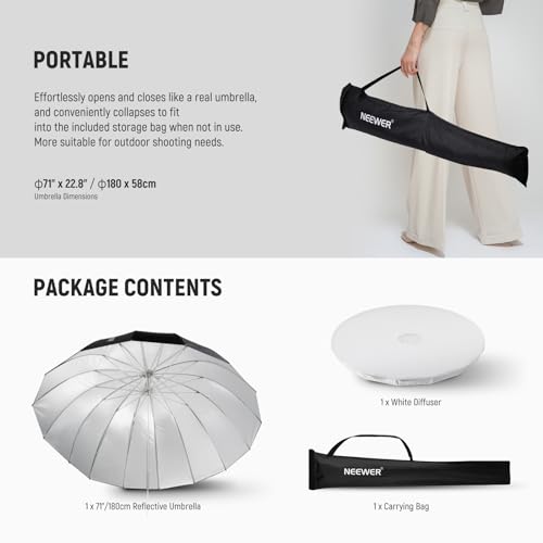 180cm Parabolic Reflective Umbrella Photography with Silver Interior