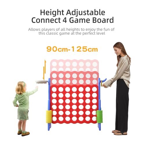 Jumbo 4-in-a-Row Game Set, Height Adjustable Indoor Outdoor Yard Game with Basketball Hoop, Ring Toss & Carrying Bag, Family Party Lawn Game for Kids and Adults