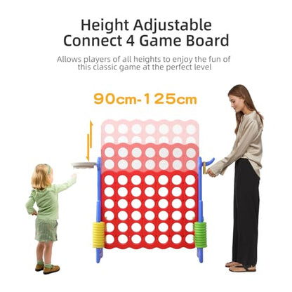 Jumbo 4-in-a-Row Game Set, Height Adjustable Indoor Outdoor Yard Game with Basketball Hoop, Ring Toss & Carrying Bag, Family Party Lawn Game for Kids and Adults