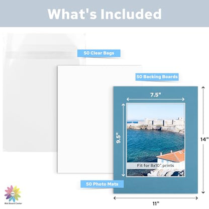 Mat Board Center 50 Pack 11x14 Mat+Backings+Bags for 8x10 Photo Mix Color