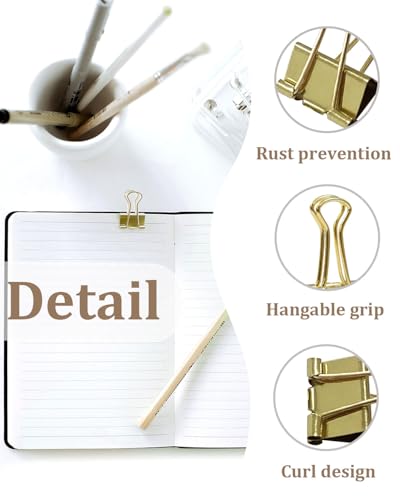 YUCHIYA 25 Pack Binder Clips with Magnetic Holder 3 Sizes Gold (25 Count)