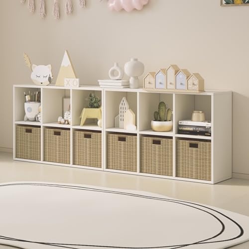Wood Cube Storage Organizer Closet Cabinet for Living Room Bedroom Study Shelf Bookcase Wooden Floor Standing Open Bookshelf for Kids Home Office Display Storage Cabinet (6 Count)