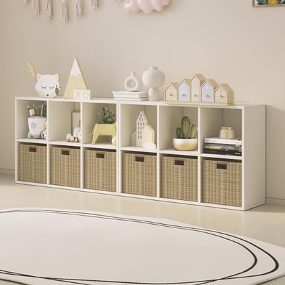 Wood Cube Storage Organizer Closet Cabinet for Living Room Bedroom Study Shelf Bookcase Wooden Floor Standing Open Bookshelf for Kids Home Office Display Storage Cabinet (6 Count)