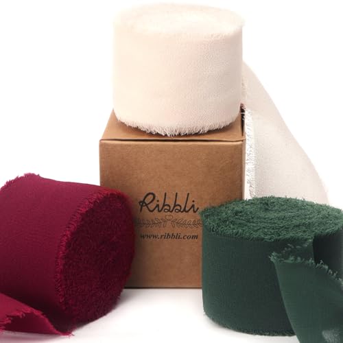 Red Cream Green Christmas Ribbon 1.5 Inch x 3 Rolls Total 30 Yards Handmade Fringe Chiffon Silk Ribbon for Gift Wrapping DIY Crafts Home Decor (3 Count)