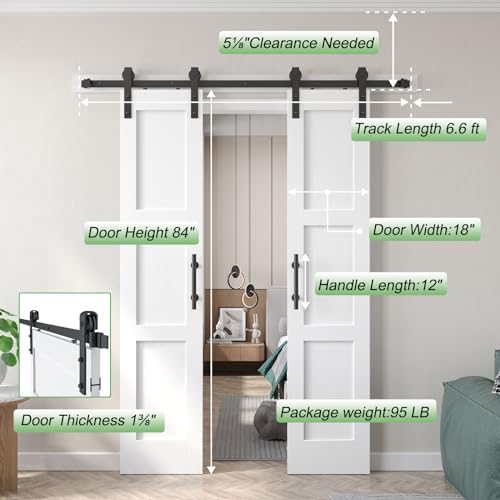 Double 18x84 inch White Barn Door with 6.6FT Barn Door Hardware Kit Included