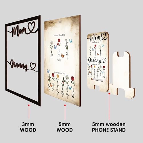 First Mom Now Grandma Wood Frame with Phone Stand Gifts Mothers Day New Grandmother Custom Grandma's Garden Plaque Birth Month Flowers Sign with Grandkids Names