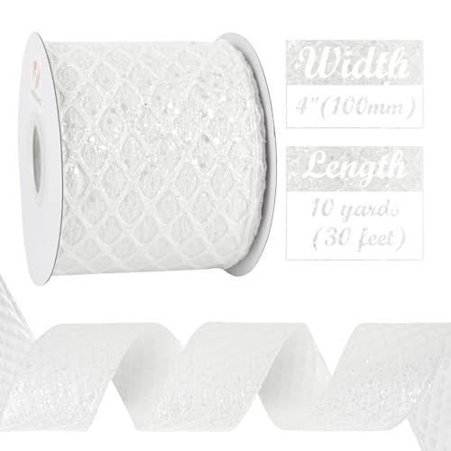 Glitter White Christmas Wired Ribbon 4 inch x 10 Yards (30 Foot)