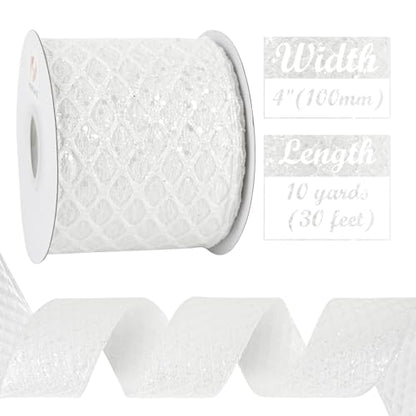 Glitter White Christmas Wired Ribbon 4 inch x 10 Yards (30 Foot)
