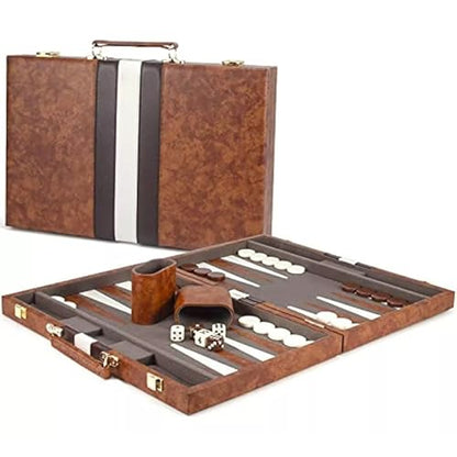 15 Inch Portable Backgammon Set with Folding Board and Leather Travel Case