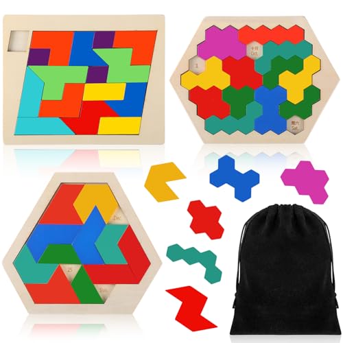 3 Pack Large Wooden Blocks Puzzles Hexagon Tangram Puzzle Wooden Russian Brain Puzzles for Adult Challenge Teasers Geometric Jigsaw Logic Iq STEM Educational Gift Graduation (3 Count)